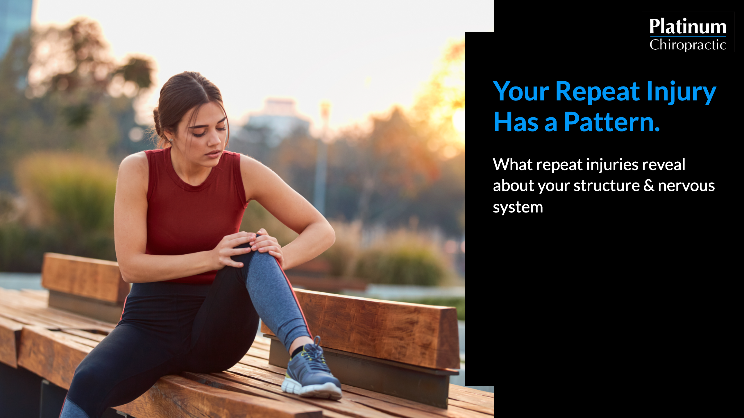 Woman in athletic wear sitting on a park bench holding her knee, sports injury chiropractor in San Jose