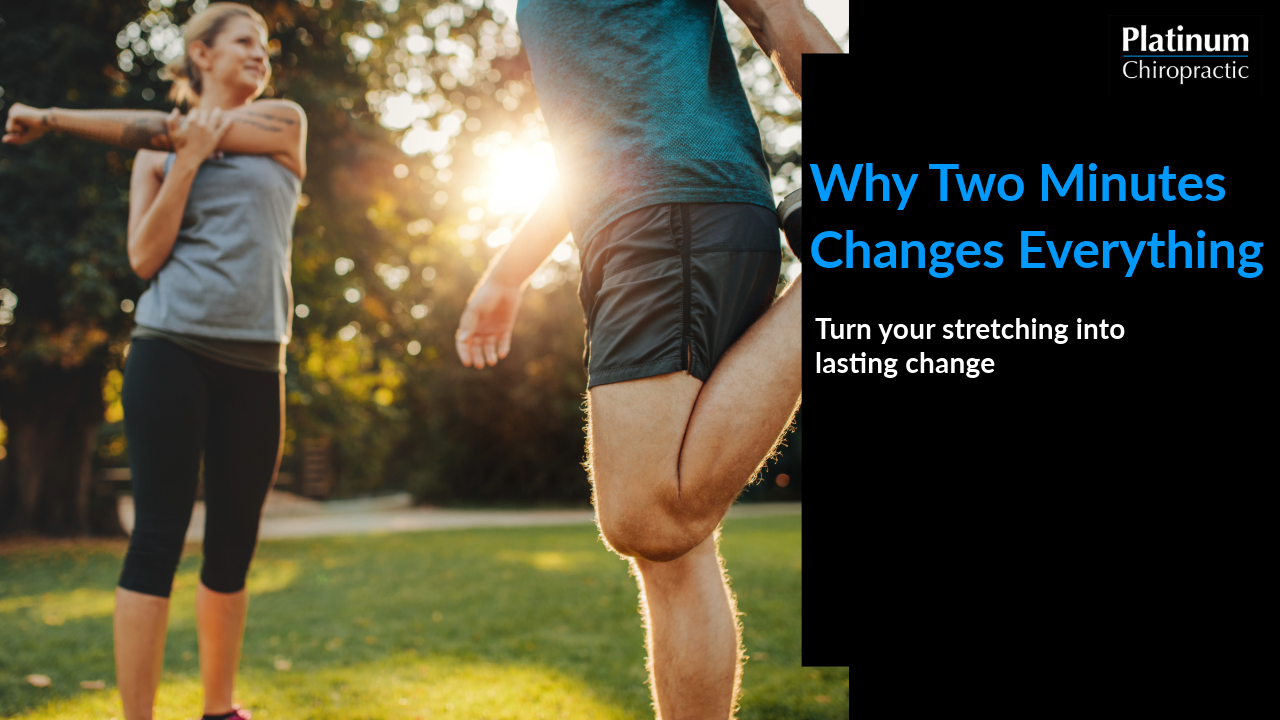 Two adults holding stretches outdoors in warm light, showing how long to hold a stretch